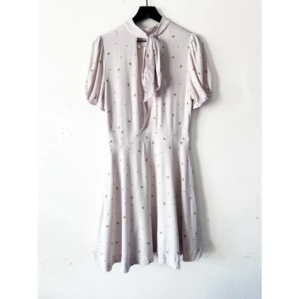 Free People x Revolve Abbie Mini Dress Cream Green Dot Bow Tie Puff Sleeve Size - Picture 2 of 12